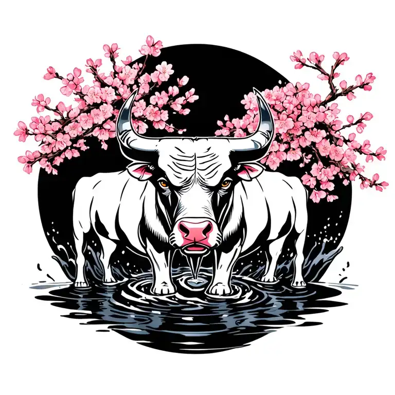 Chicago bulls standing in black stream of water near cherry blossom tattoo design idea