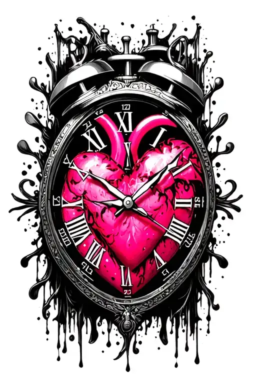 "Mélanie" black pink heart clock tattoo design idea