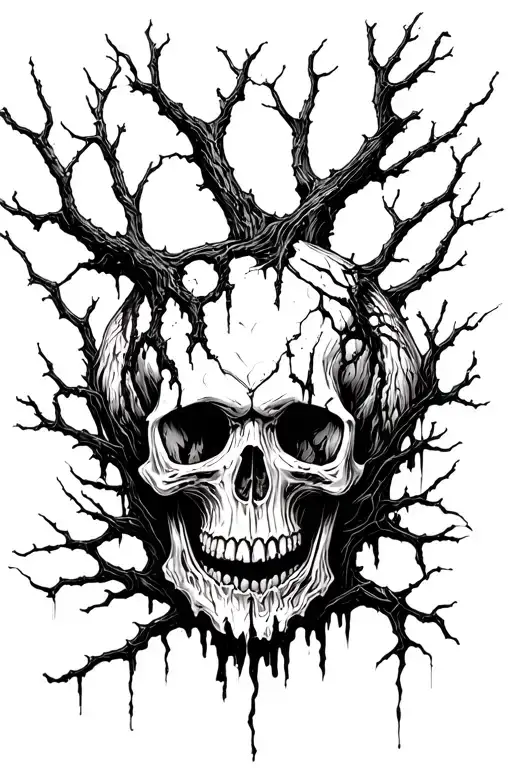 death metal skulls with rot and tree branches inspired by mark riddick tattoo design idea