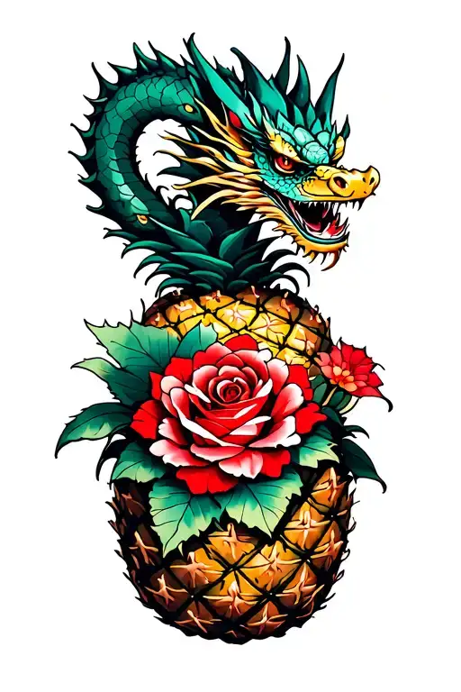 dragon surrounding a pineapple and red rose intertwined tattoo design idea