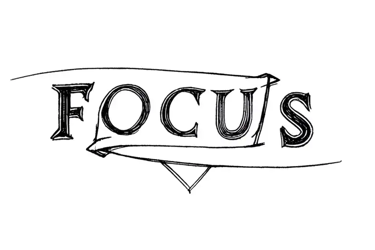 Make me a minimal wrist tattoo with just word "Focus". Focus written horizontally on wrist with a symbol meaning focus. tattoo design idea