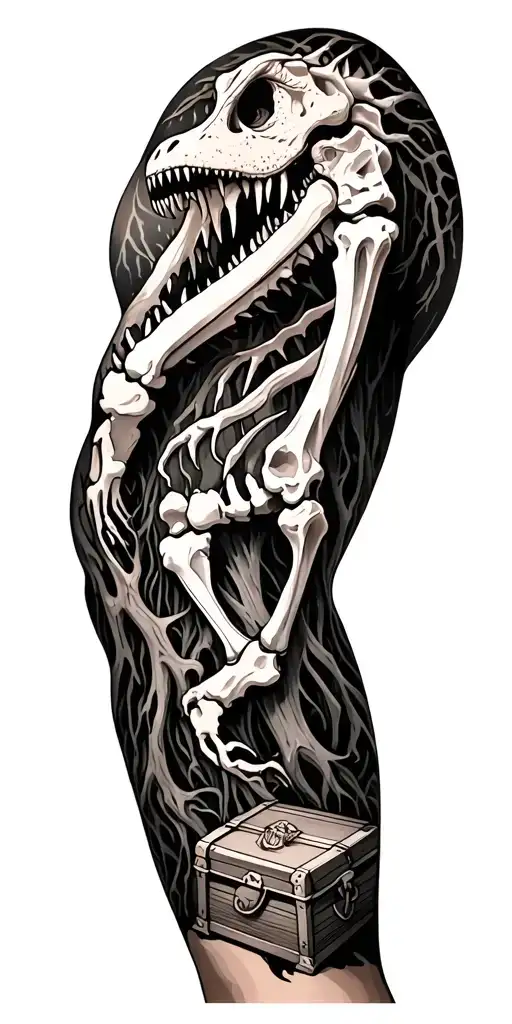  the roots of the trees, 1 image of dinosaur bones, and 1 treasure chest an arm sleeve  tattoo design idea