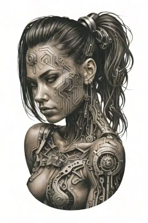 bodybuilder muscular women with technology circuits merging tattoo design idea