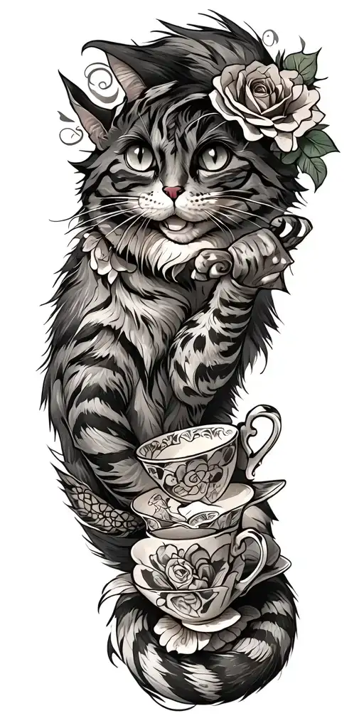 cheshire cat with tail intertwined with tea cup and rose tattoo design idea