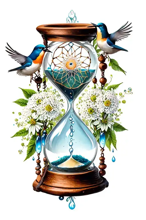 Hourglass, Dream Catcher Filled With flowers And birds Queen Anne's Lace Nature Tears tattoo design idea