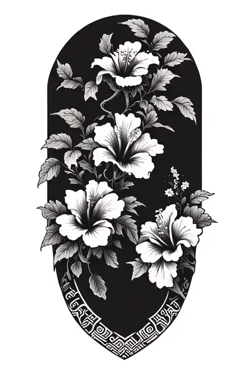 on the top elements of nature and down below,, Hibiscus flowers surrounded by korean traditional patterns tattoo design idea