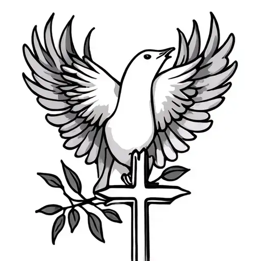 dove and olive branch with cross necklace tattoo design idea