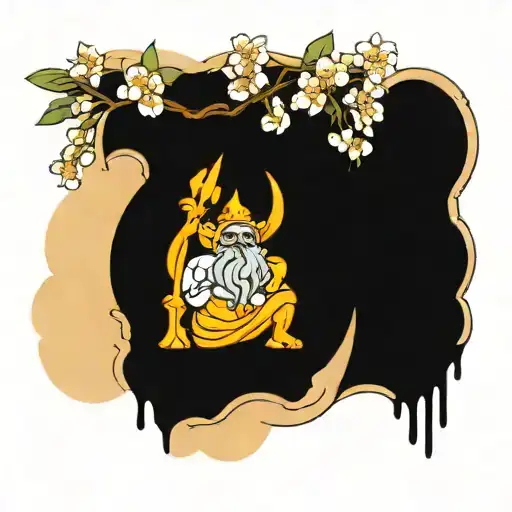 King Neptune statute with cherry blossoms, orange blossoms, and buckeyes tattoo design idea