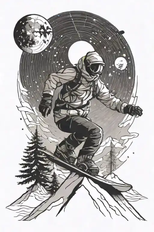 Draw A snowboarder on a mountain with a moon in the back  tattoo design idea