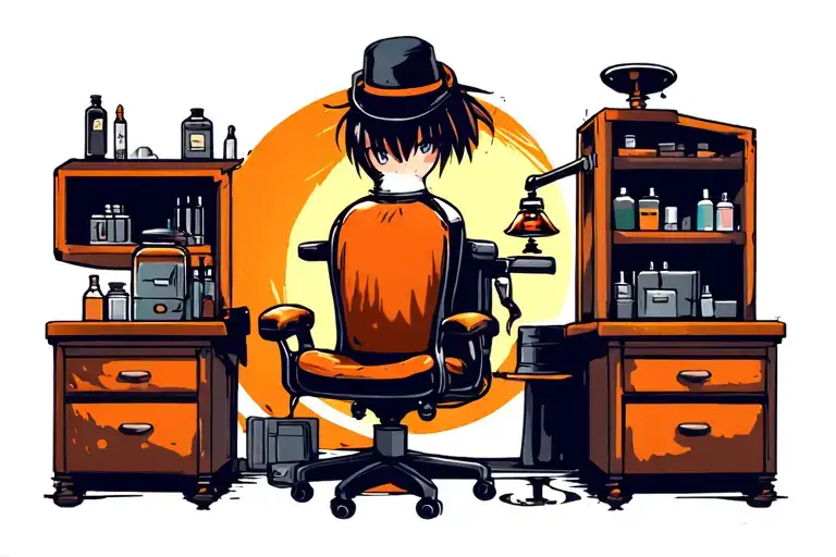 A tattoo design featuring a tattoo studio set up with a chair, all supplies, and an oil lamp tattoo design idea