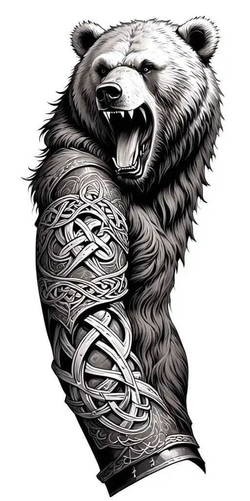 armor arm sleeve with celtic knots and roaring bear head tattoo design idea