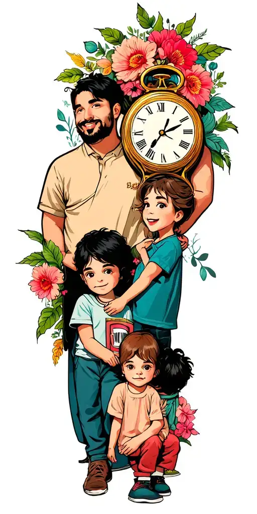 dad with 3 children, clocks and flowers tattoo design idea