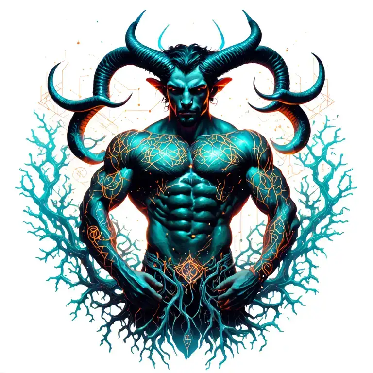 sexy gay male horned satyr with massive bodybuilder muscles flex. cyber tree roots, vines and constellations tattoo design idea