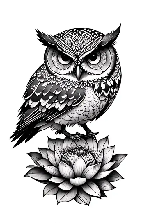 owl mandala design, dot work, lotus flower, geometric, tattoo design idea