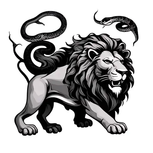 lion with snakes crawling tattoo design idea