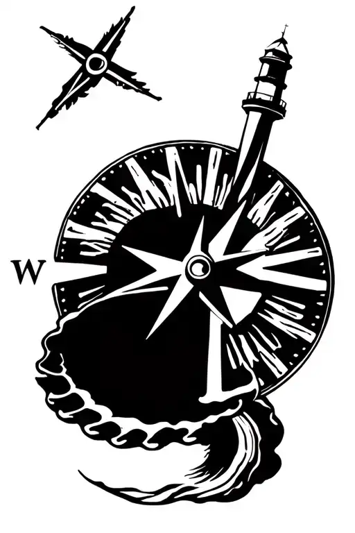compass rose with a seashell or lighthouse beach, freemason square and compass tattoo design idea