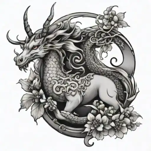 Dragon Unicorn Ying Yang cherry blossom tattoo design idea
