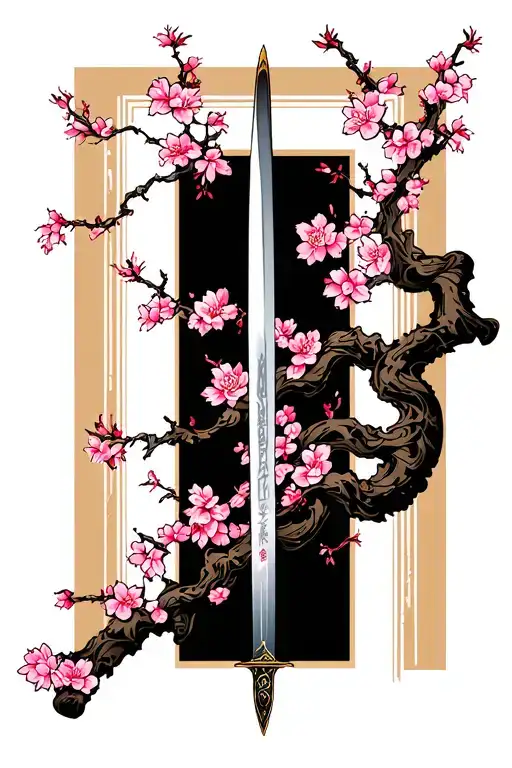 samurai sword with cherry blossom tree wrapping around it  tattoo design idea