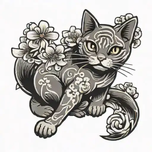 cartoon japanese cat with sakura flowers wrapped tattoo design idea