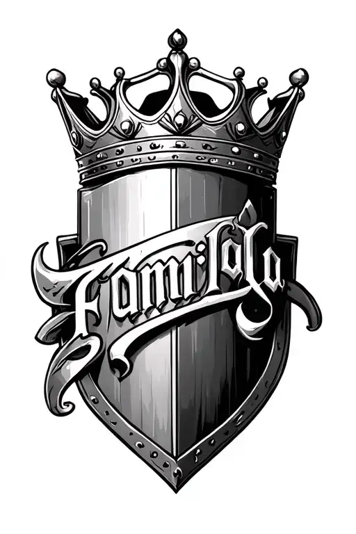 hand tattoo, chicano script, Familia, lettering, black and grey, realistic tattoo, 3D effect, shield, crown, Roman numer tattoo design idea