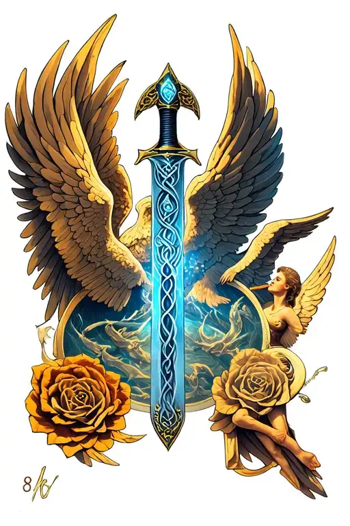 celtic sword with background with angels looking tattoo design idea