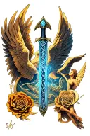 celtic sword with background with angels looking tattoo design idea