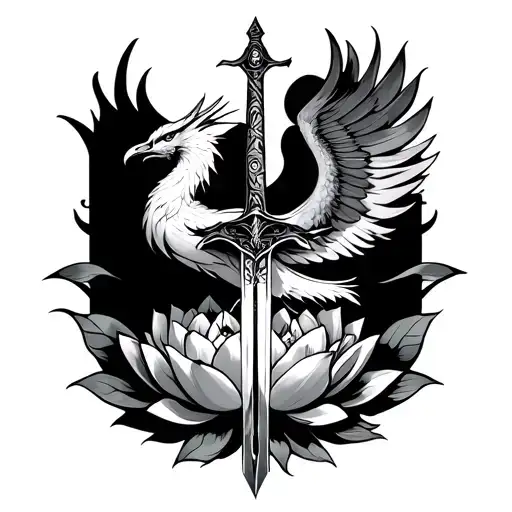 rising phoenix from lotus flowers with standing sword in the middle tattoo design idea