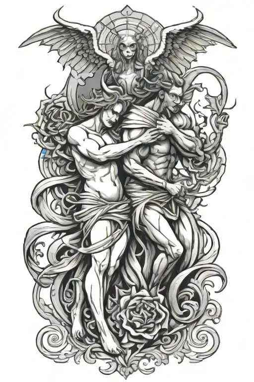 half devil half angel pulling against from each other tattoo design idea
