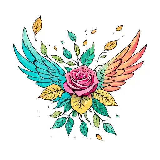 roseary with colored wings and leaves falling tattoo design idea