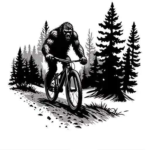 sasquatch on a gravel bike trail winding. in the woods. at night. tattoo design idea