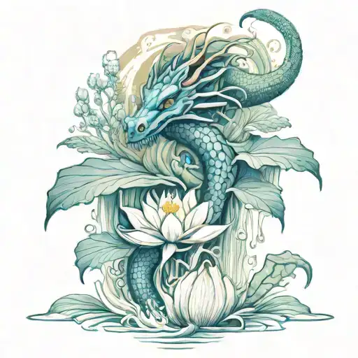 dragon in a lotus waterfall cascading tattoo design idea