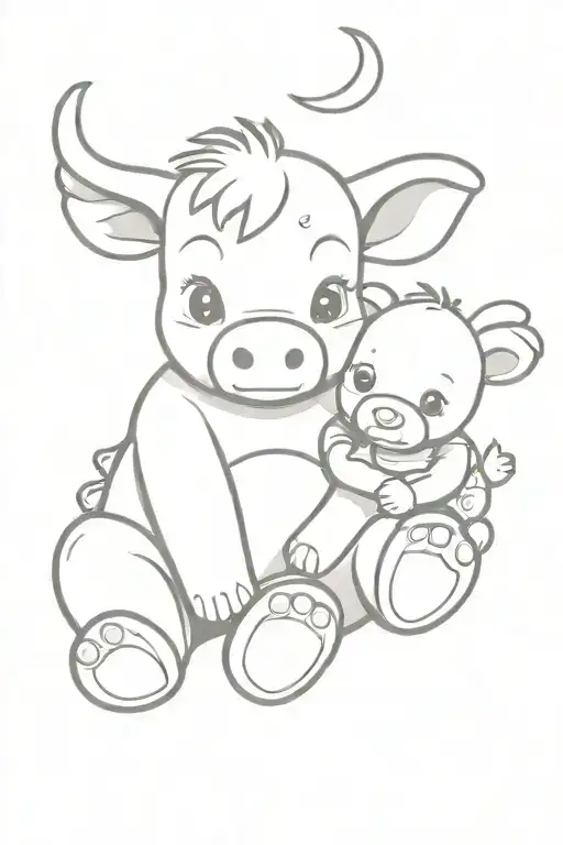cartoon style baby bull sitting with a teddy bear tattoo design idea