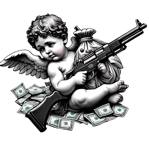 cherub holding Ak 47 surrounded by money bag tattoo design idea