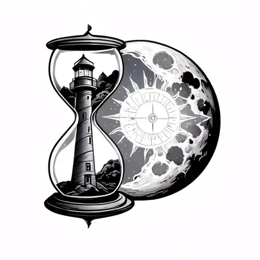Lighthouse in an hourglass on the background of the moon and sun with a compass tattoo design idea