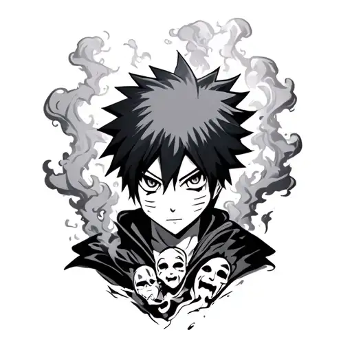 gaara tattoo with smoke around it and ghost faces in the smoke tattoo design idea