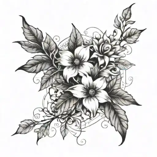 Leaves entwined with flowers upper arm tattoo design idea