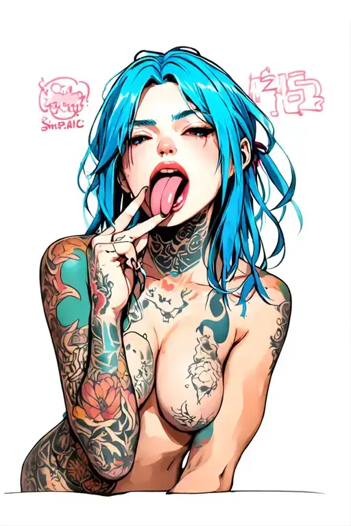 Clean, hentail, nude, bdsm, stick out tongue, nymphomaniac face, young, sexy front suggestive position, blue hair tattoo design idea