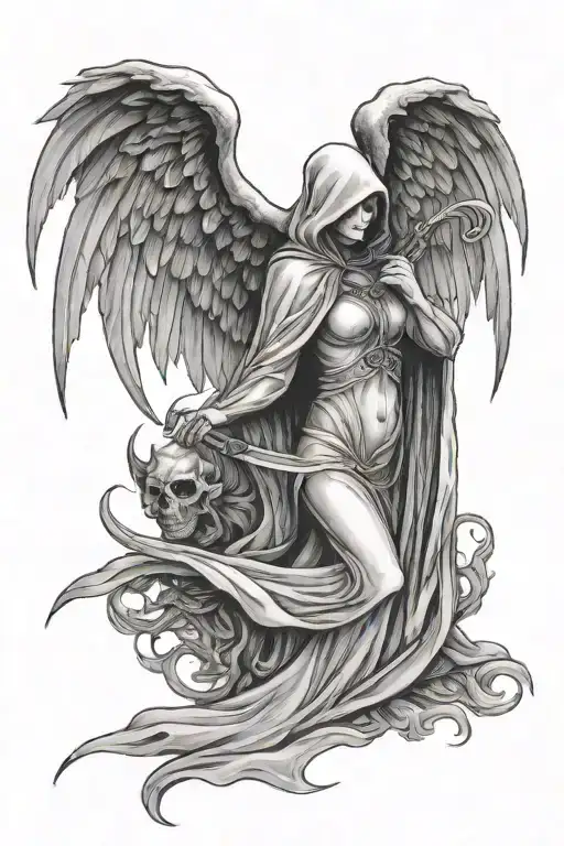 grim reaper and inocent female angel tattoo design idea