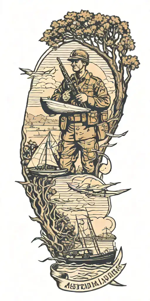 australian soldier with boats and planes and trees. Hard Times Make You Stronger, Easy Times Make You Weaker. tattoo design idea