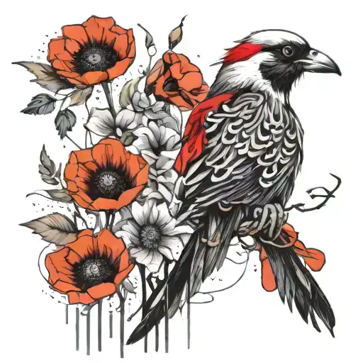 skeleton bird with poppy tattoo design idea