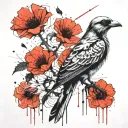 skeleton bird with poppy tattoo design idea