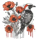 skeleton bird with poppy tattoo design idea