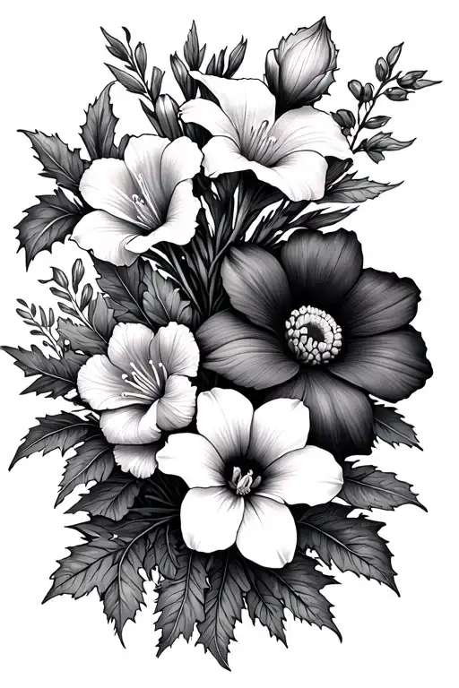 Bouquet birth flowers Gladiolus, Aster, two morning glories, Marigold, Narcissus and Holly tattoo design idea