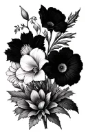 Bouquet birth flowers Gladiolus, Aster, two morning glories, Marigold, Narcissus and Holly tattoo design idea