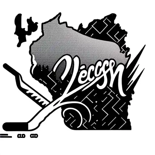 shape of Wisconsin silhouette with hockey stick tattoo design idea