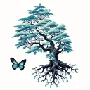 Tree of life half living and half dead with roots with butterfly tattoo design idea