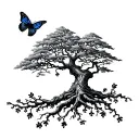 Tree of life half living and half dead with roots with butterfly tattoo design idea