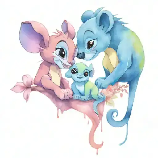 stich and simba young couple tattoo design idea