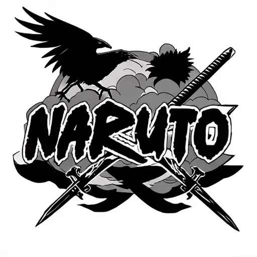 naruto one piece logos combined. add itachis crow, zoros 3 swords, akatsuki cloud top as background tattoo design idea