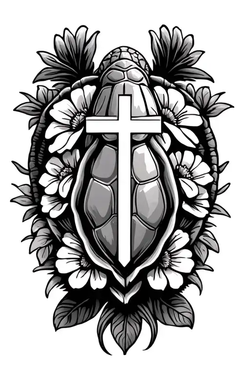 hawaiian turtle with flowers and vines and jesus cross on its shell tattoo design idea